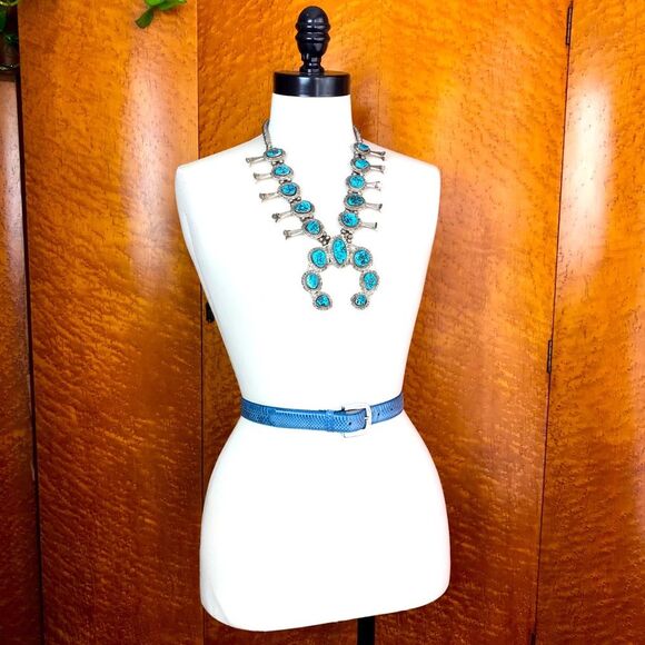 BLUE SNAKESKIN Leather SHEKA Vintage 80s Belt S M - Picture 1 of 13
